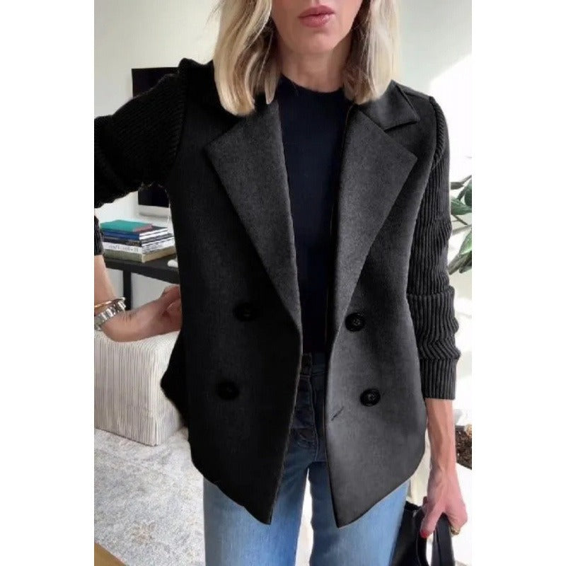 Double-Breasted Wool Coat With Ribbed Sleeves