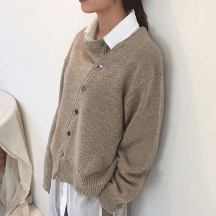 Wool Blend Cardigan With Asymmetrical Button-Front Design For Women