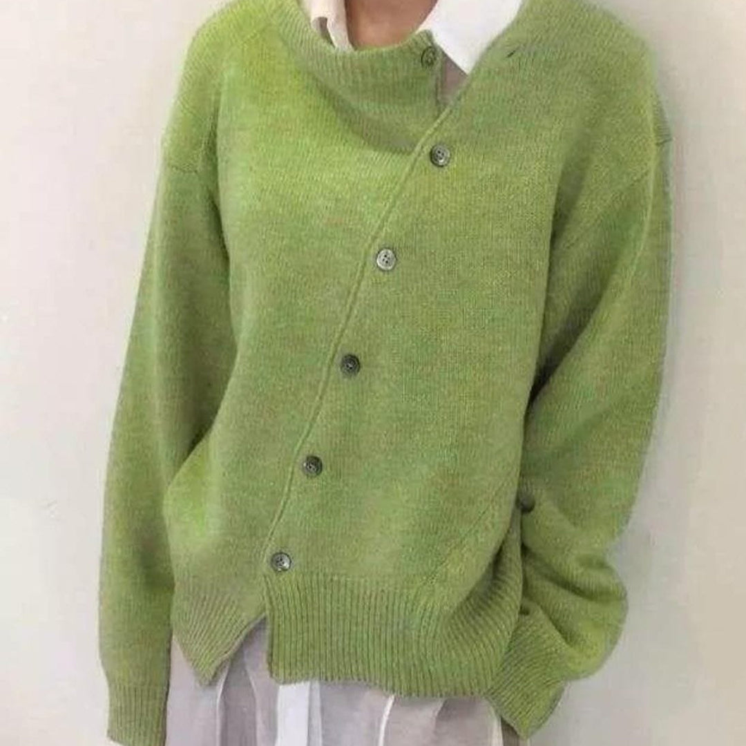 Wool Blend Cardigan With Asymmetrical Button-Front Design For Women
