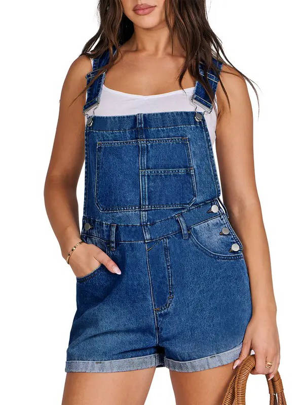 Women's Denim Shortalls with Adjustable Button Straps and Five Pockets, Loose Fit Sleeveless