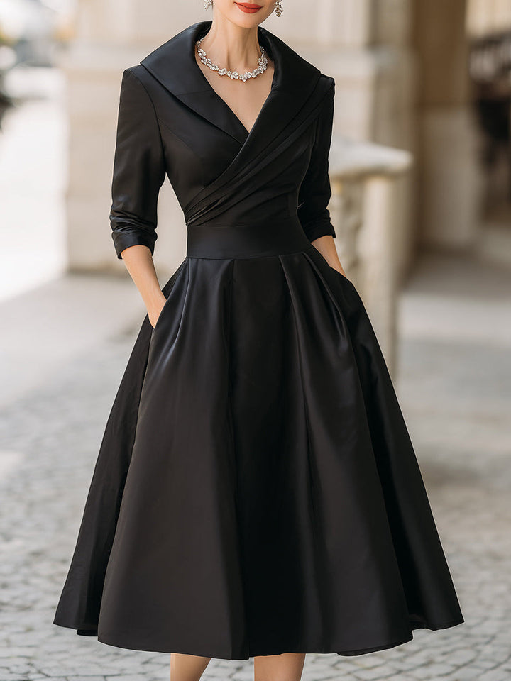 Tailored V-Neck Evening Dress with Structured Fit and Neutral Styling
