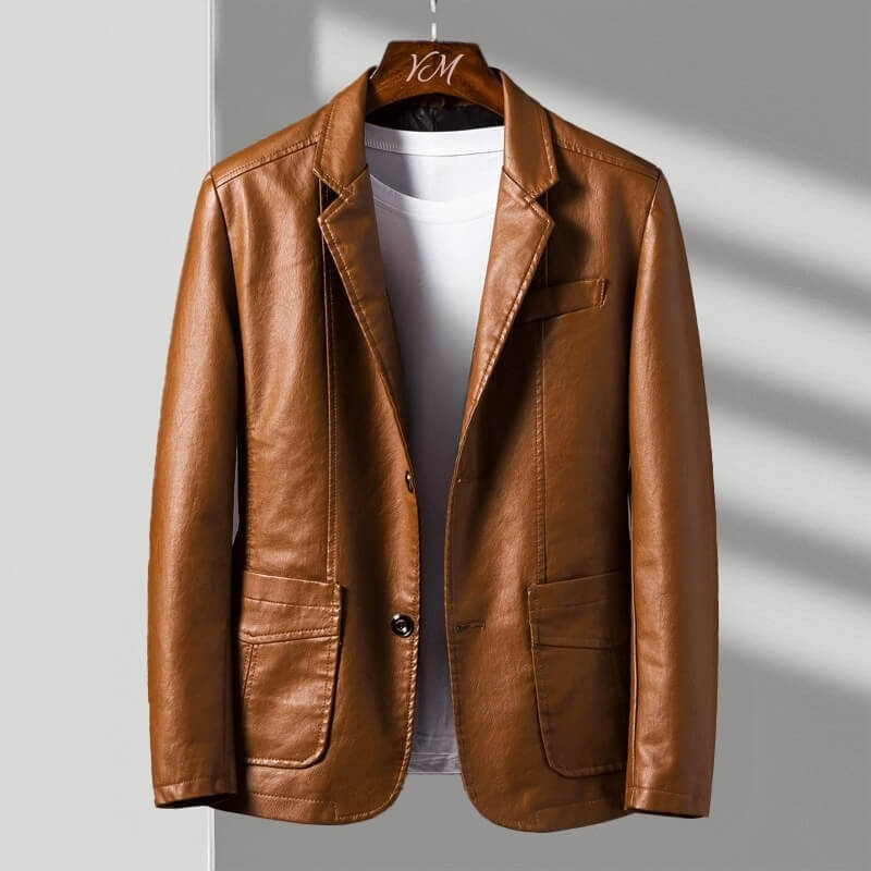 Faux Leather Blazer with Notch Lapels and Three-Button Cuffs for Women