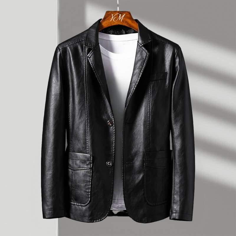 Faux Leather Blazer with Notch Lapels and Three-Button Cuffs for Women