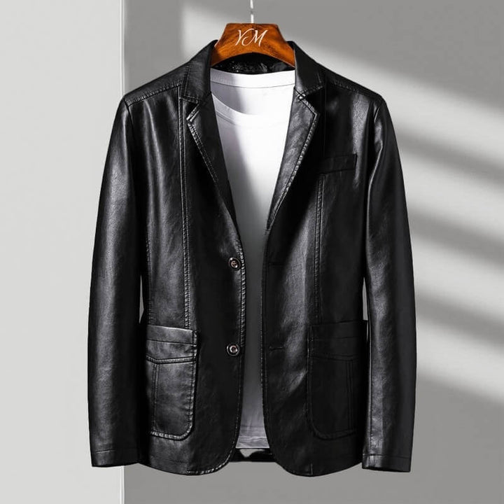 Faux Leather Blazer with Notch Lapels and Three-Button Cuffs for Women