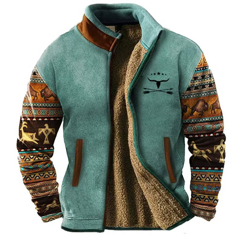 Fleece Jacket For Men With Western Aztec Pattern And Sherpa Lining