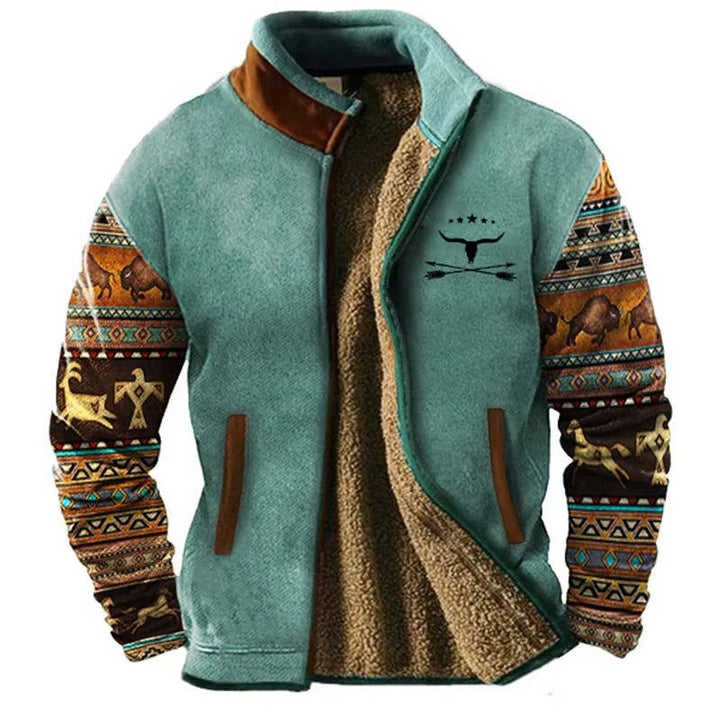 Fleece Jacket For Men With Western Aztec Pattern And Sherpa Lining