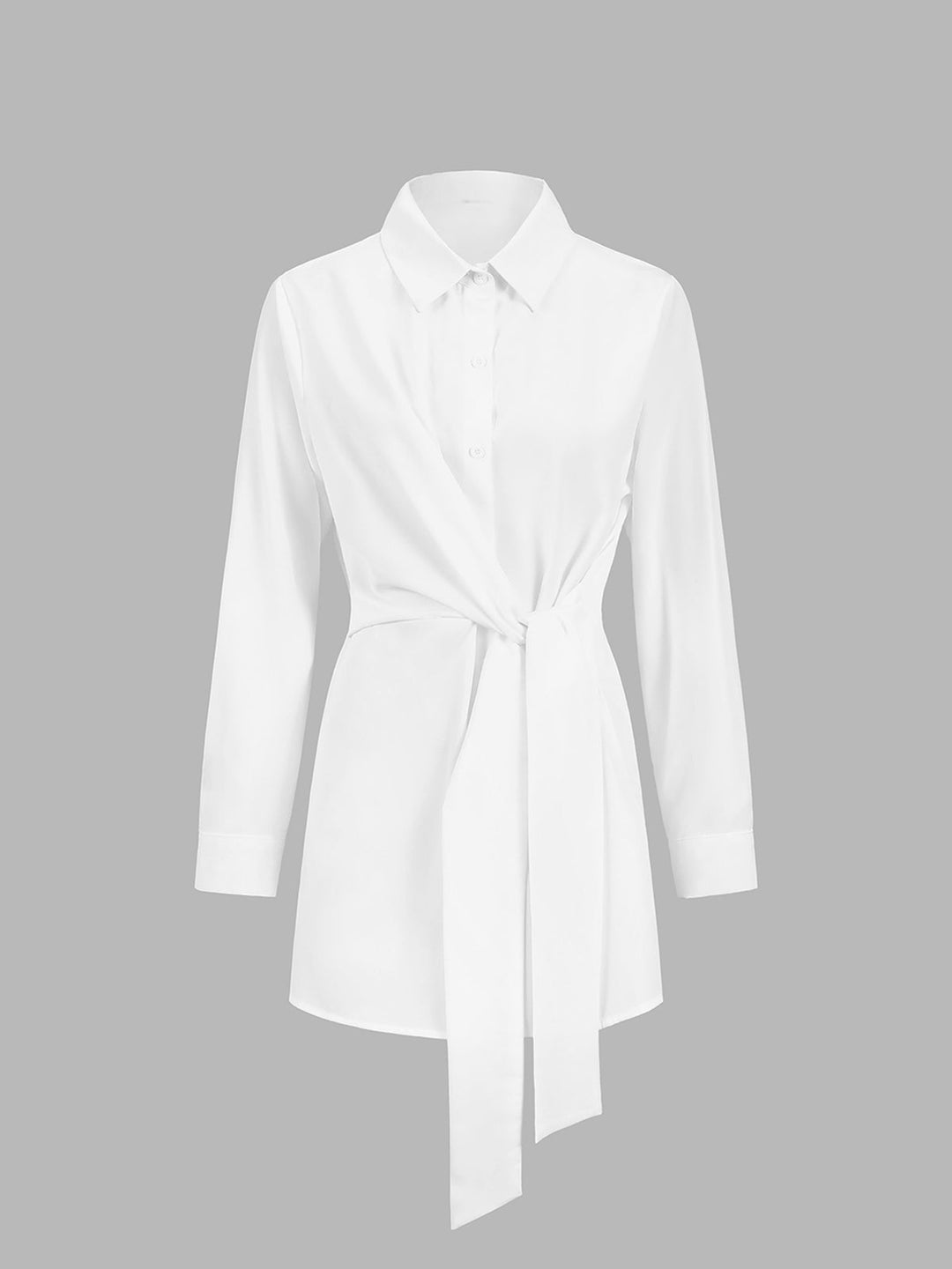 Knotted Collared Shift Shirt with Long Sleeves and Polyester Blend