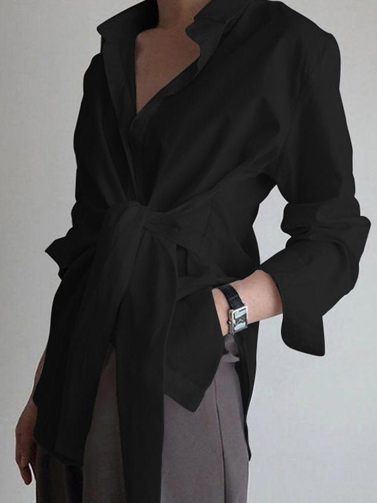 Knotted Collared Shift Shirt with Long Sleeves and Polyester Blend