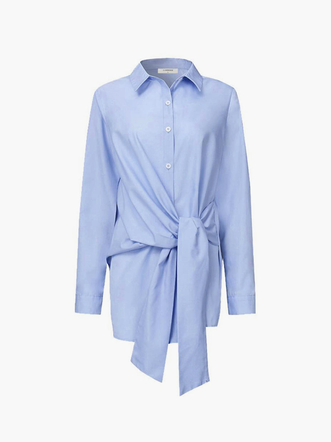 Knotted Collared Shift Shirt with Long Sleeves and Polyester Blend
