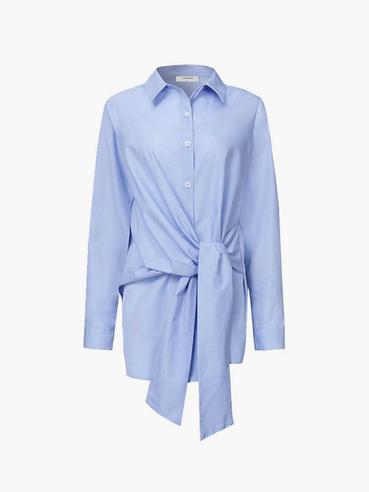Knotted Collared Shift Shirt with Long Sleeves and Polyester Blend