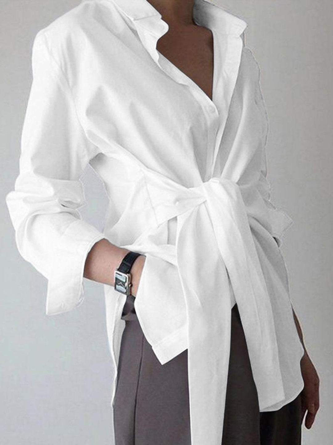 Knotted Collared Shift Shirt with Long Sleeves and Polyester Blend