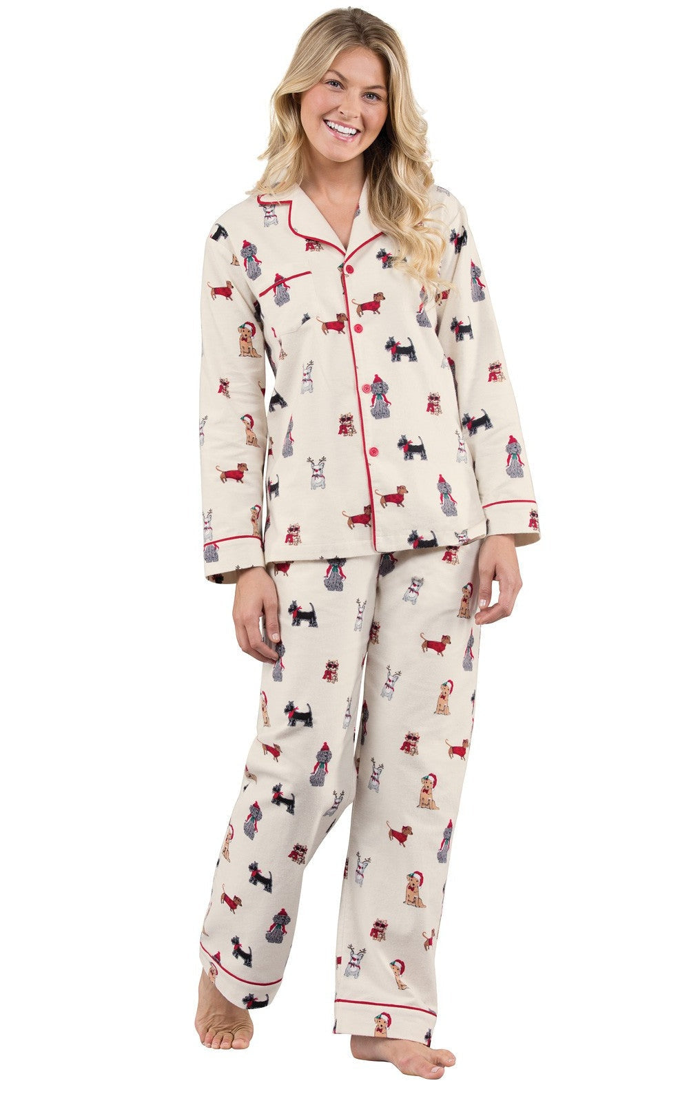 Button Front Flannel Pajamas with Festive Dog Print and Long Sleeves