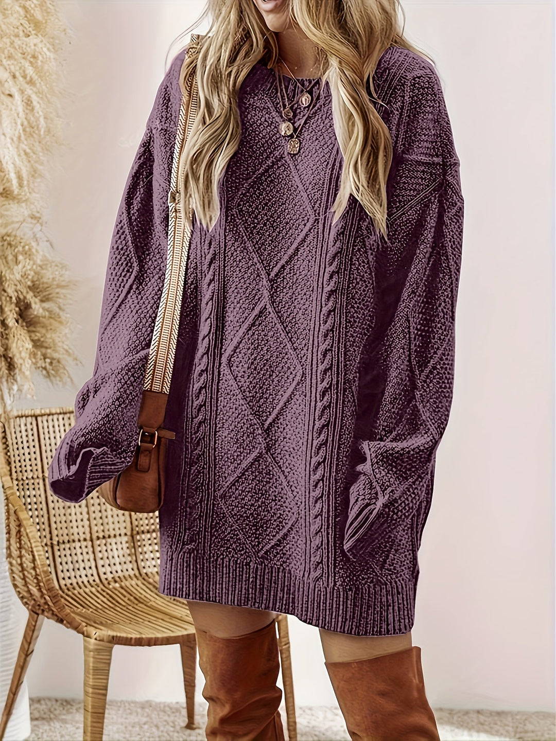 Cable Knit Sweater Dress with Round Neckline and Midi Length