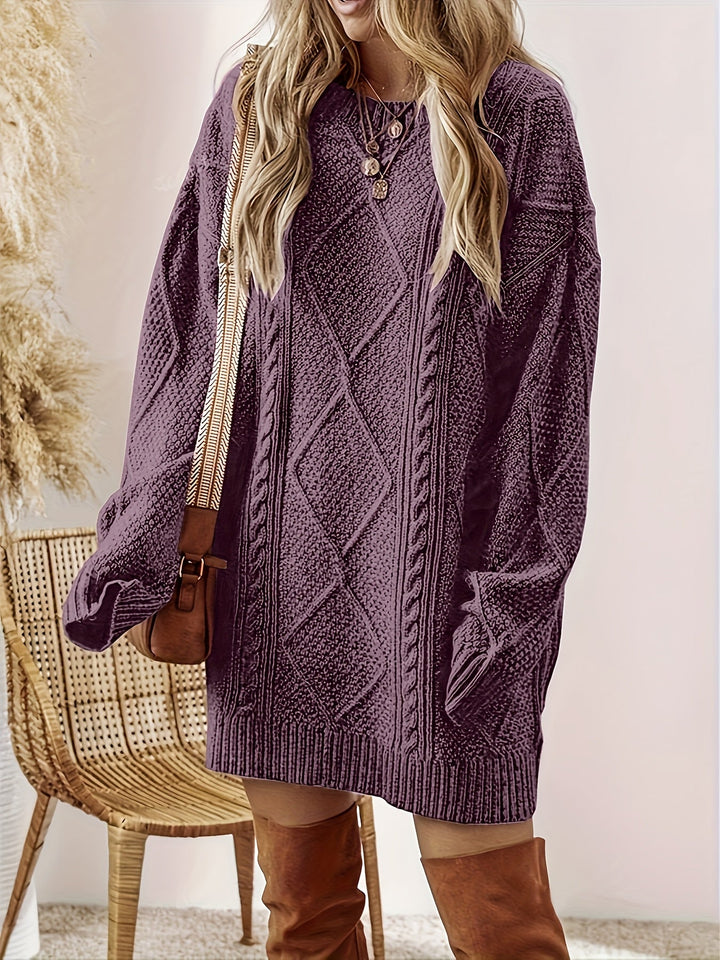 Cable Knit Sweater Dress with Round Neckline and Midi Length