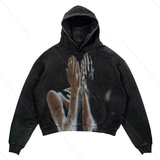 Cropped Pullover Hoodie Warm Relaxed Fit Polyester Streetwear