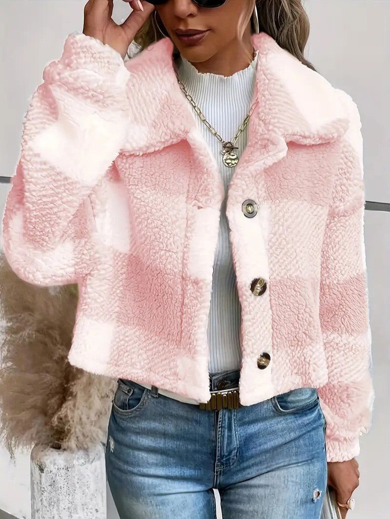 Teddy Jacket Button-Front Plaid Cozy Fleece Lined Oversized