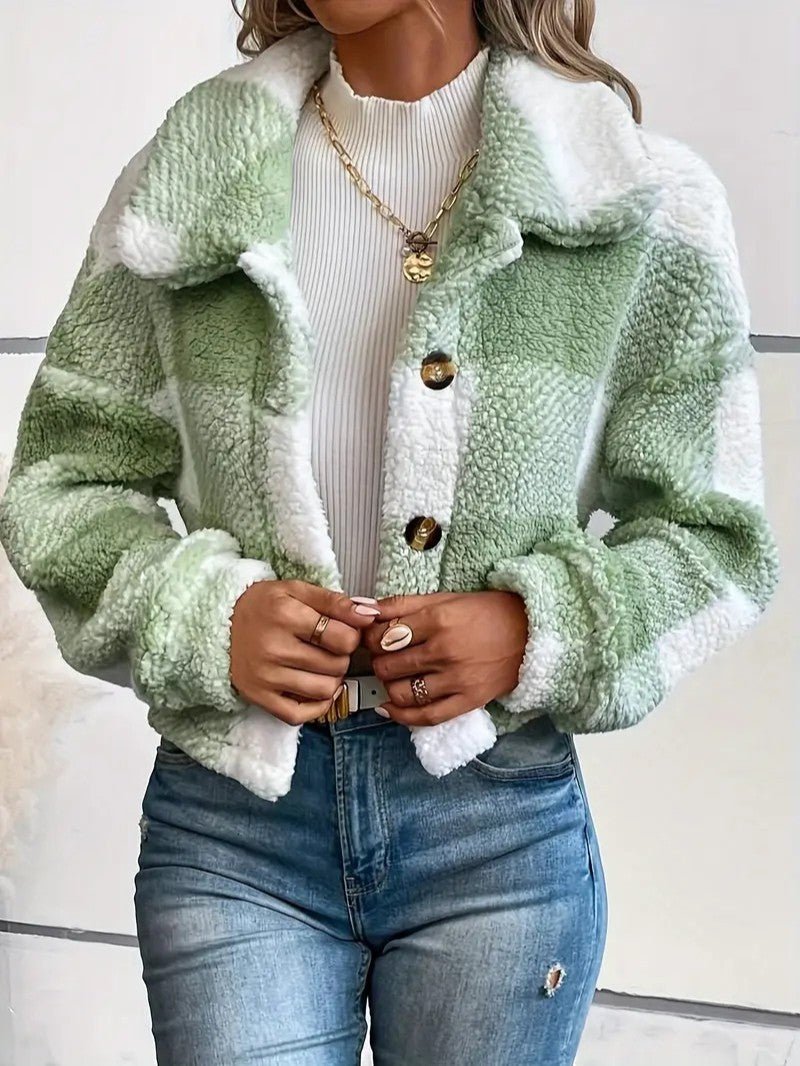 Teddy Jacket Button-Front Plaid Cozy Fleece Lined Oversized