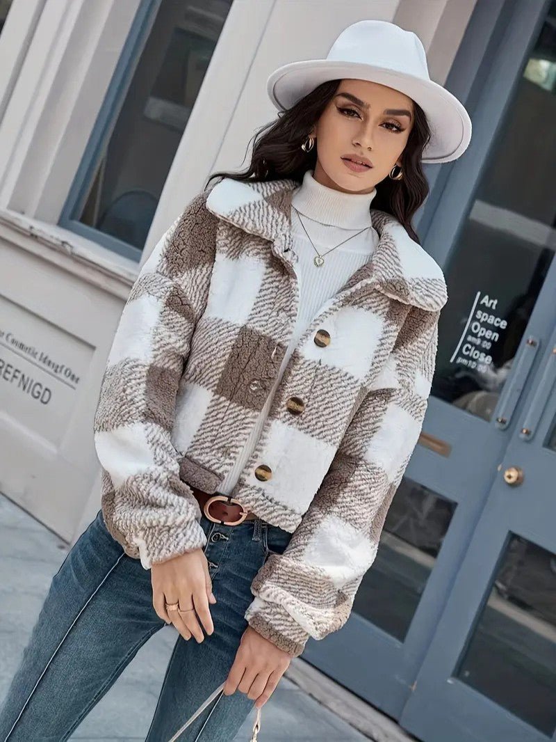 Teddy Jacket Button-Front Plaid Cozy Fleece Lined Oversized