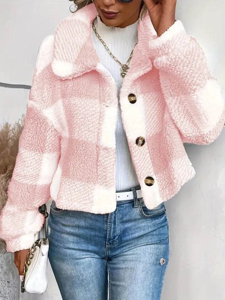 Teddy Jacket Button-Front Plaid Cozy Fleece Lined Oversized