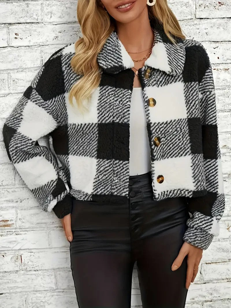 Teddy Jacket Button-Front Plaid Cozy Fleece Lined Oversized