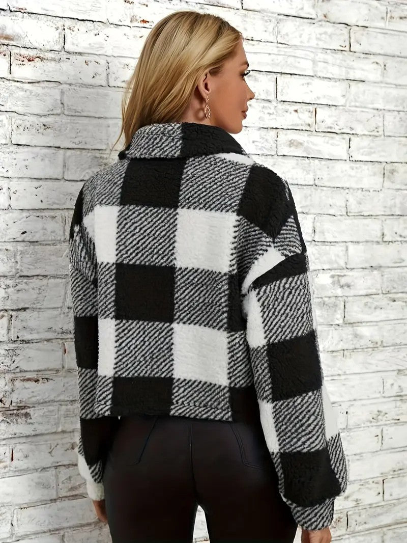 Teddy Jacket Button-Front Plaid Cozy Fleece Lined Oversized