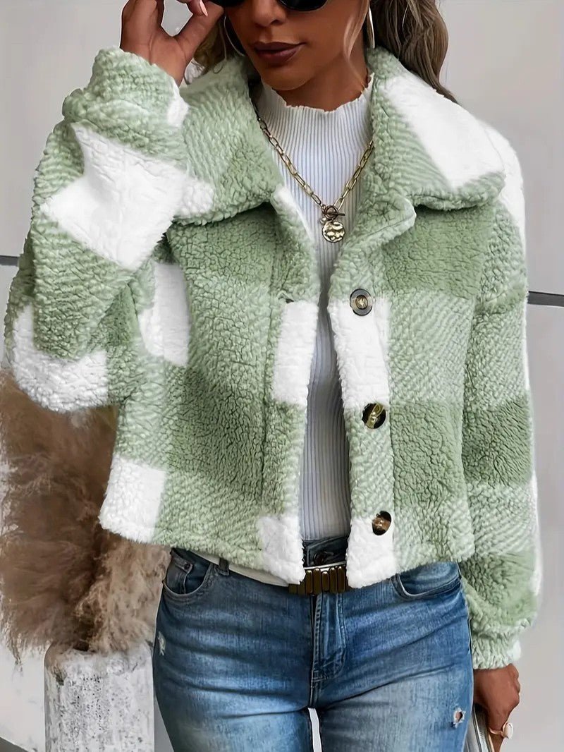 Teddy Jacket Button-Front Plaid Cozy Fleece Lined Oversized