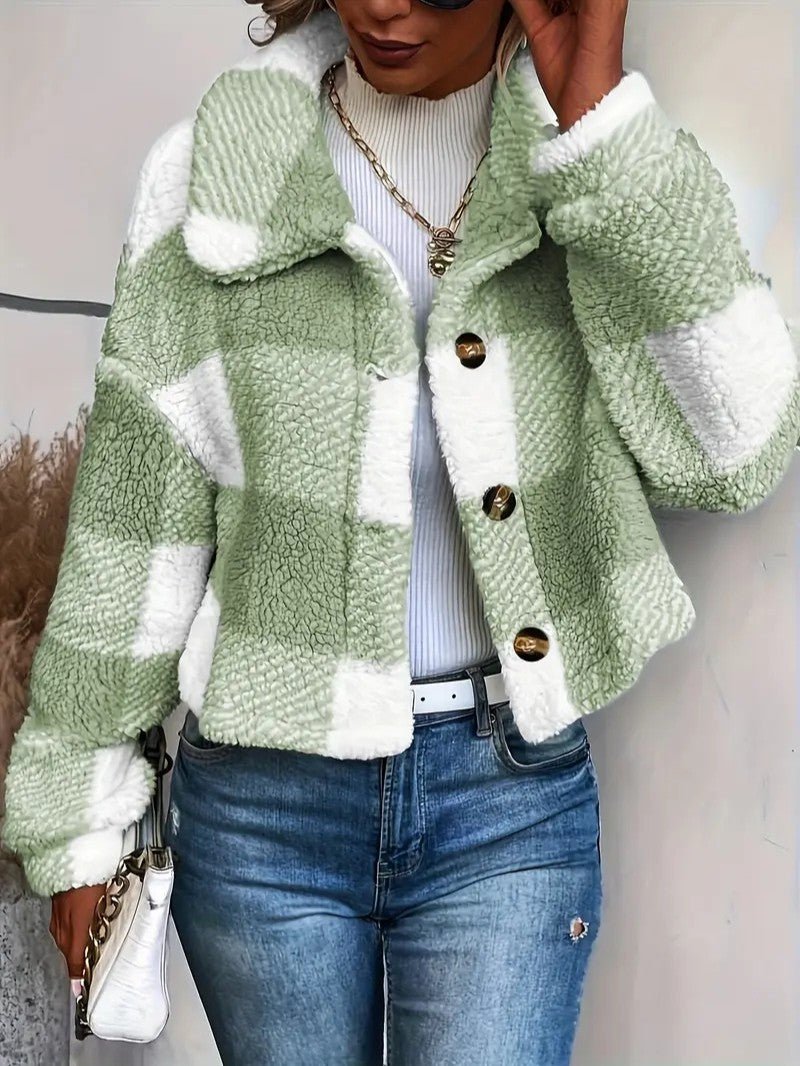 Teddy Jacket Button-Front Plaid Cozy Fleece Lined Oversized