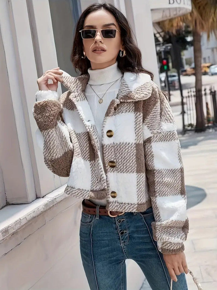 Teddy Jacket Button-Front Plaid Cozy Fleece Lined Oversized