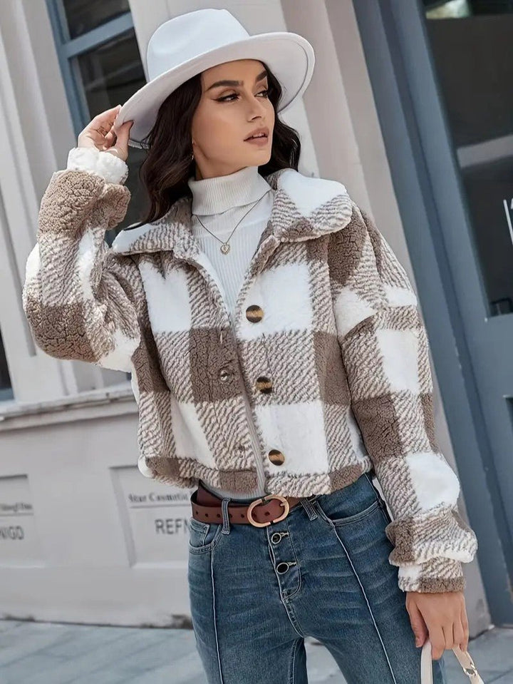 Teddy Jacket Button-Front Plaid Cozy Fleece Lined Oversized