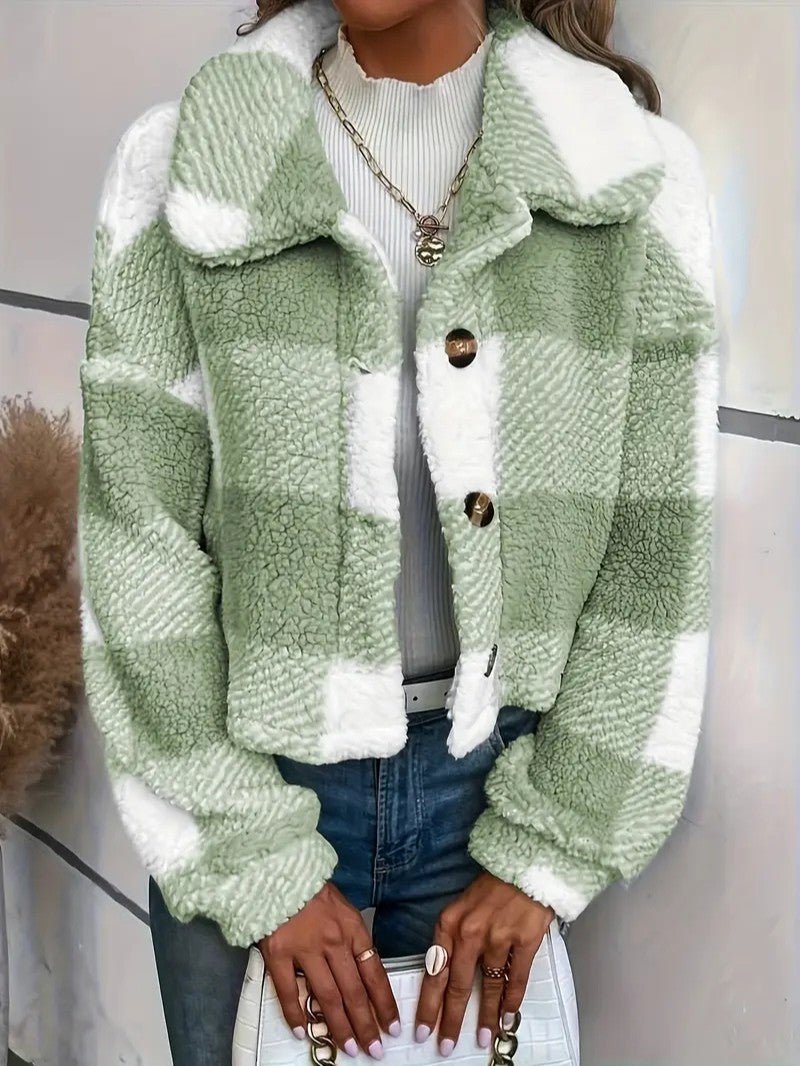 Teddy Jacket Button-Front Plaid Cozy Fleece Lined Oversized