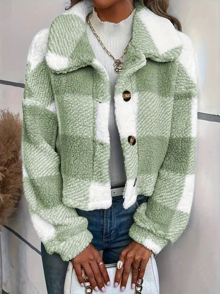 Teddy Jacket Button-Front Plaid Cozy Fleece Lined Oversized