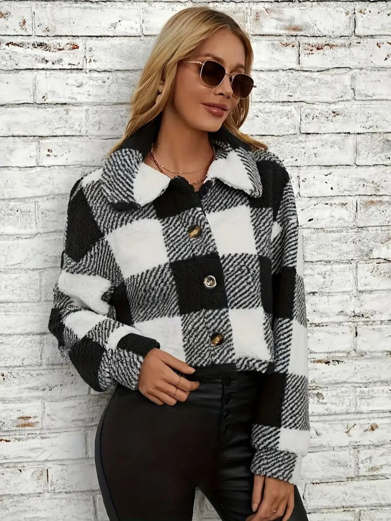 Teddy Jacket Button-Front Plaid Cozy Fleece Lined Oversized