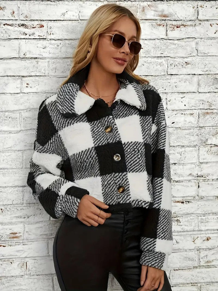 Teddy Jacket Button-Front Plaid Cozy Fleece Lined Oversized