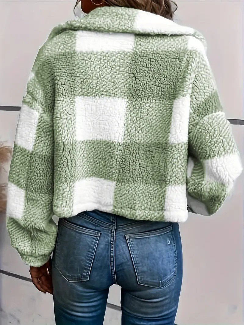 Teddy Jacket Button-Front Plaid Cozy Fleece Lined Oversized