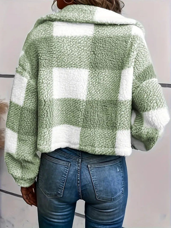 Teddy Jacket Button-Front Plaid Cozy Fleece Lined Oversized