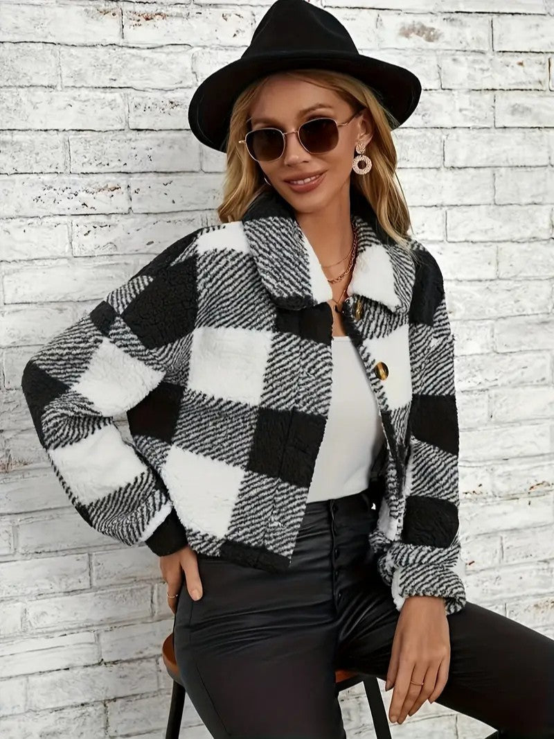 Teddy Jacket Button-Front Plaid Cozy Fleece Lined Oversized