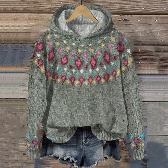 Hoodie Warm Nordic Fleece-Lined Pullover With Fair Isle Pattern