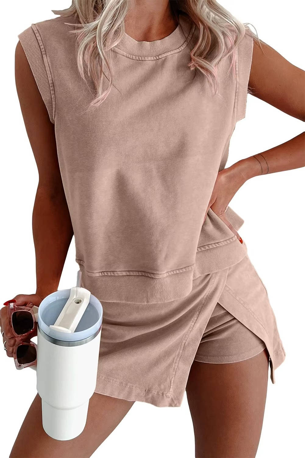 Women's Mineral Wash Cotton Tank and Split Skirt Set with Built-In Shorts, Machine Washable