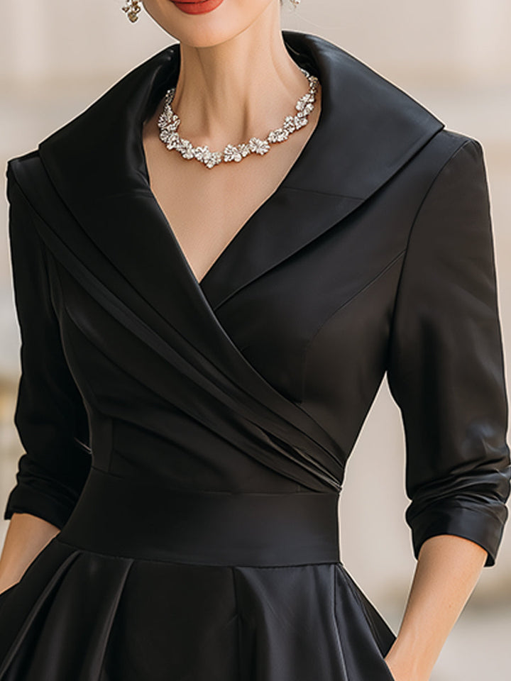 Tailored V-Neck Evening Dress with Structured Fit and Neutral Styling