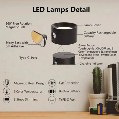 Adhesive Wall Lamp with 360° Rotation and Adjustable Color Temperature