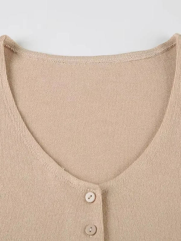 Women's Ribbed Knit Mini Dress with V Neckline and Button Front, A Line Flare