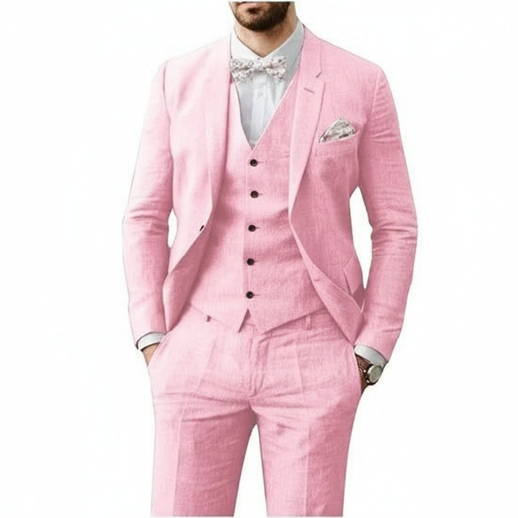Three Piece Flax Blend Suit for Men with Blazer, Vest and Flat Front Pants