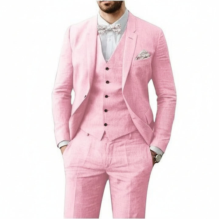 Three Piece Flax Blend Suit for Men with Blazer, Vest and Flat Front Pants