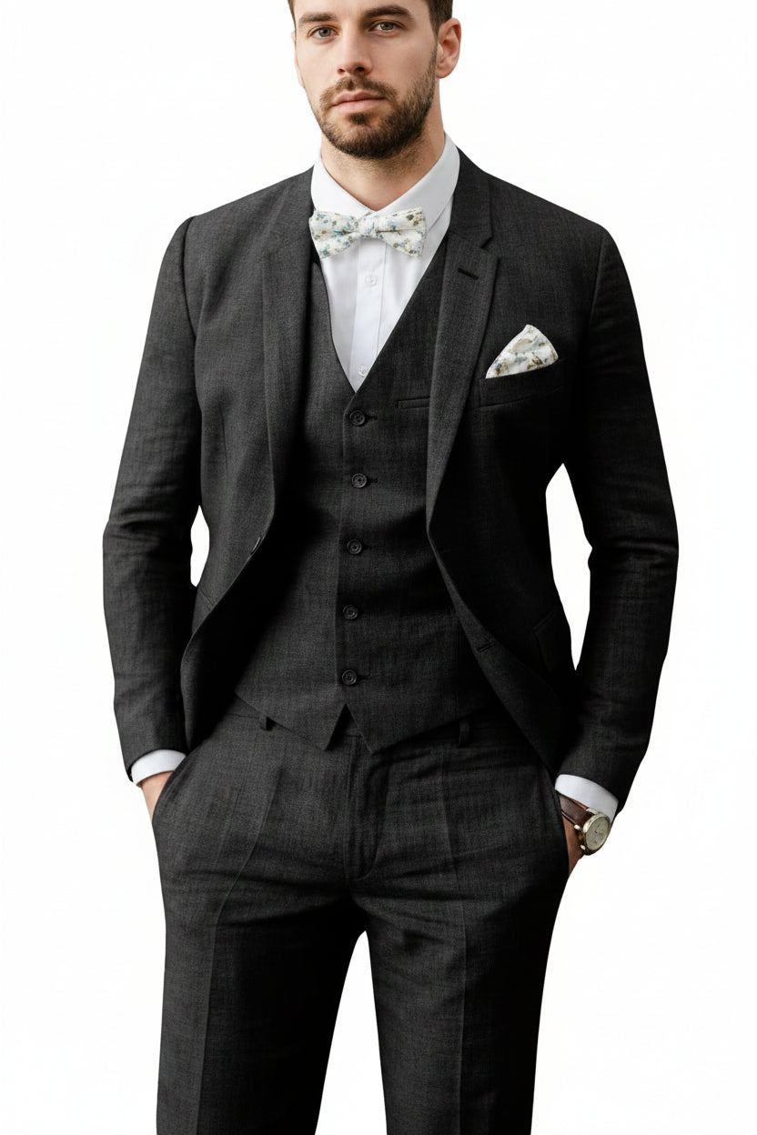 Three Piece Flax Blend Suit for Men with Blazer, Vest and Flat Front Pants