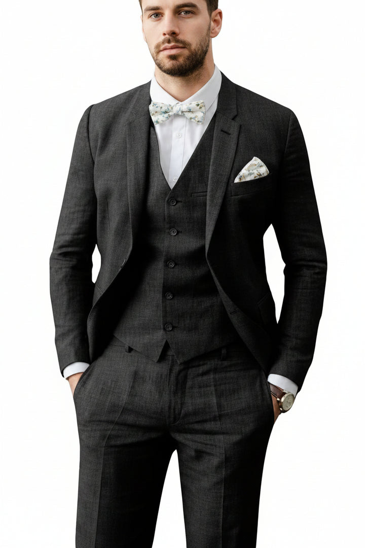 Three Piece Flax Blend Suit for Men with Blazer, Vest and Flat Front Pants