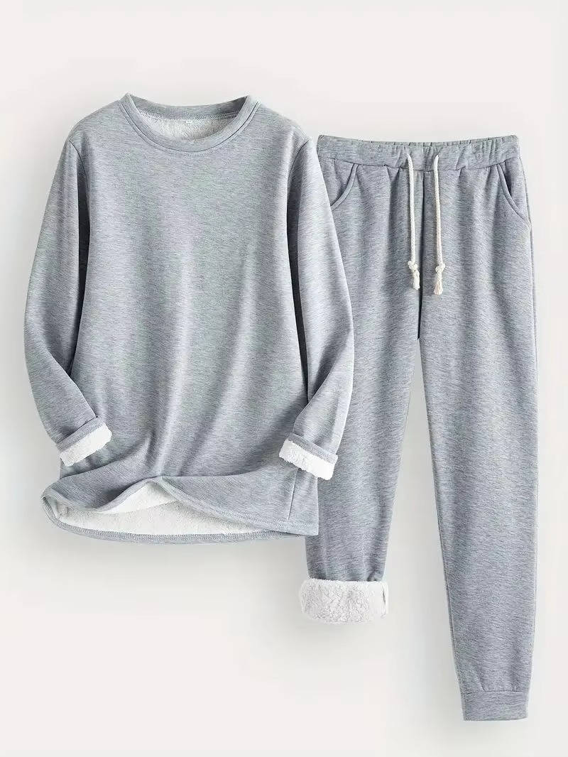Fleece Lined Sweatsuit Set for Women with Crewneck Top and Drawstring Pants