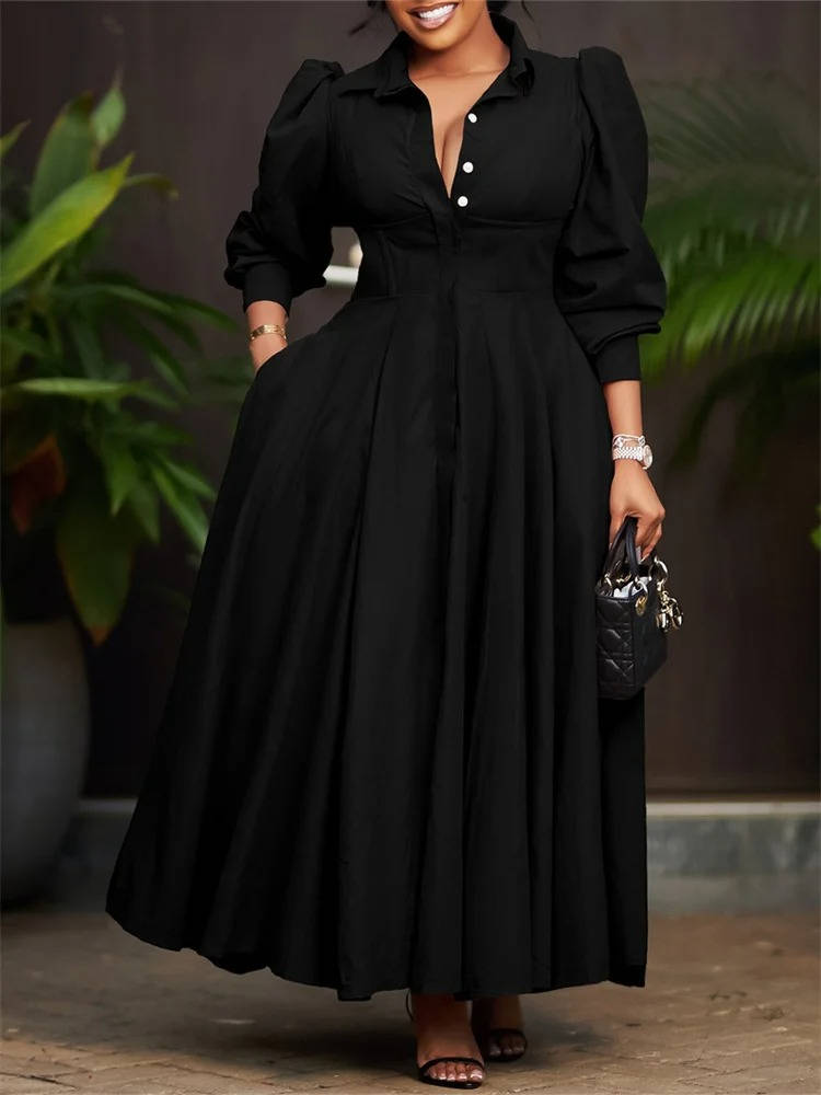 Women's Button-Front Maxi Dress - Puff Sleeve A-Line with Lapel Collar