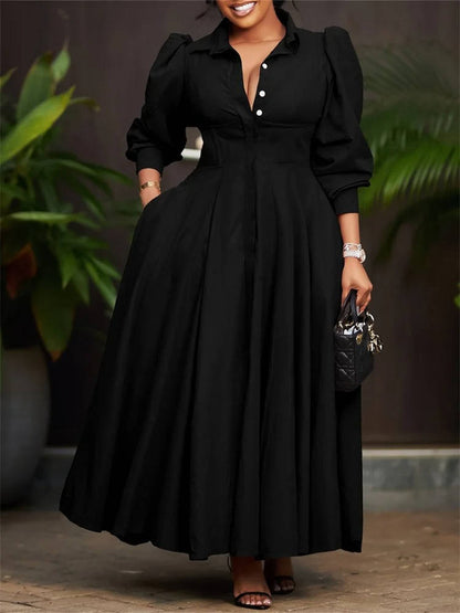 Women's Button-Front Maxi Dress - Puff Sleeve A-Line with Lapel Collar