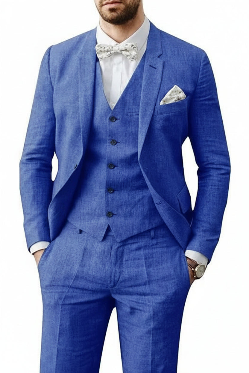 Three Piece Flax Blend Suit for Men with Blazer, Vest and Flat Front Pants