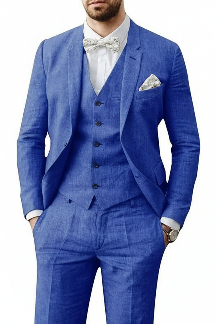 Three Piece Flax Blend Suit for Men with Blazer, Vest and Flat Front Pants